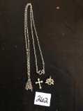 Emmons silver tassle necklace, cross pendant, & clip on earring