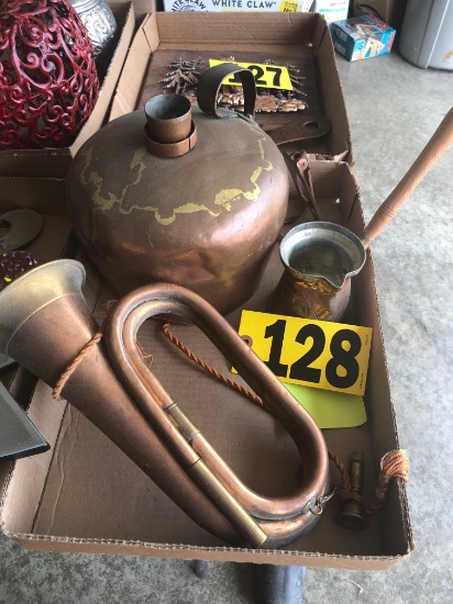 Copper kettle, trumpet, thermometer, & scoop  NO SHIPPING