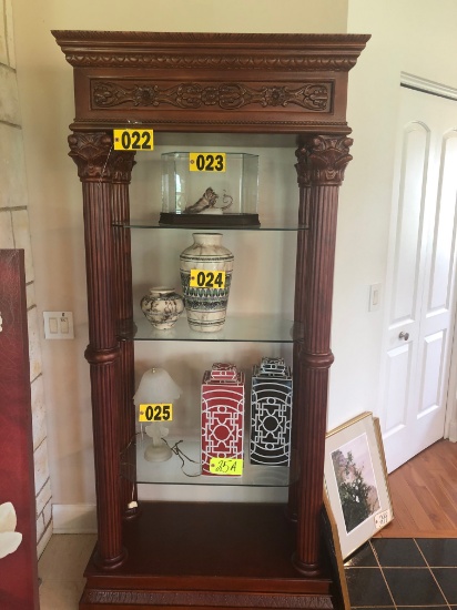 Cherry finished ornate display shelving with glass shelves  - NO SHIPPING N