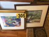 (2) Broken frame watercolor: Bernie Alpander 14/150 & D. Hill painting  NO