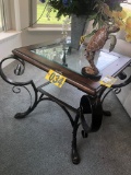 Glass top & wood wrought iron base side table  - NO SHIPPING NO SHIPPING