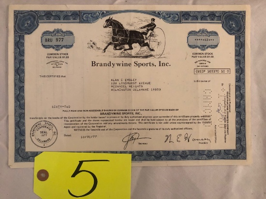 Brandywine Sports Inc. 1977 cancelled share common stock certificates