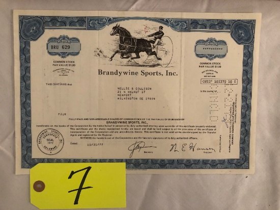 Brandywine Sports Inc. 1977 cancelled share common stock certificates