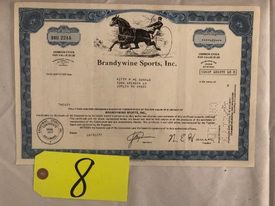 Brandywine Sports Inc. 1977 cancelled share common stock certificates