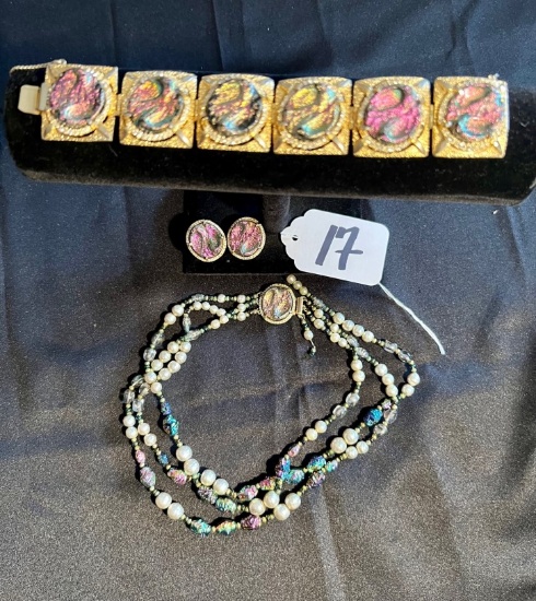Vintage Hobe jewelry set: Purple & irredescent rhinestone beaded choker, br
