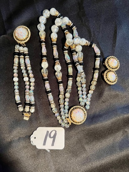 Vintage Hobe black/gold multi strand necklace, bracelet, & clip-ons