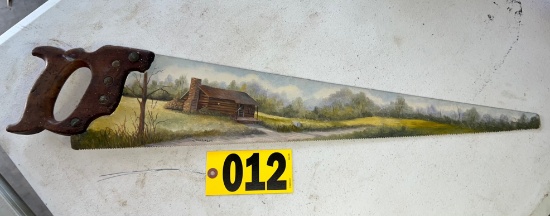Cabin scene painted saw, Artis D. Tomlinson