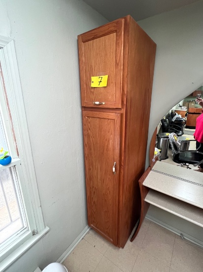 Oak cabinet w/ shelving, 7ft T x 18in W