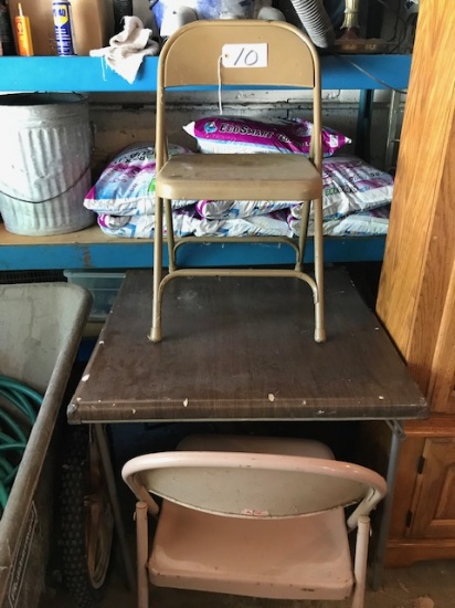 Card table & (2) metal folding chairs