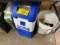 Rug doctor carpet cleaner, bucket of Dry-All, & trash can w/ decorative lig