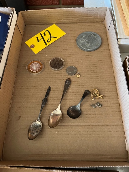 Silver spoons, small collectibles, coins