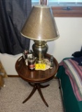 Side table & contents, lamp, candle, picture frame tree