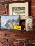 Slate painted picture, clock, framed print (on mantle)