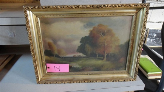 Vintage tree painting, N.H. Muck, 16"x22" w/ gold matte frame