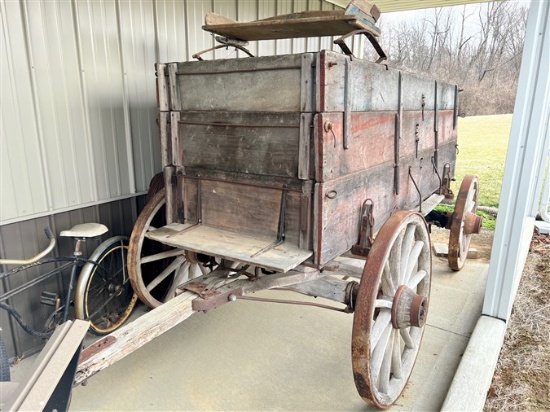 Antique horse drawn high board wooden wagon, w/ wood spoke wheels & steel r