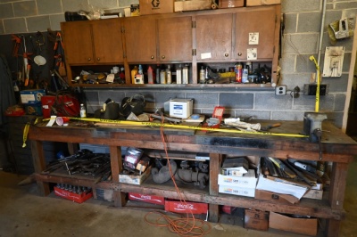 Shop Table/Parts/Oil/Clamps/Welder/Misc.