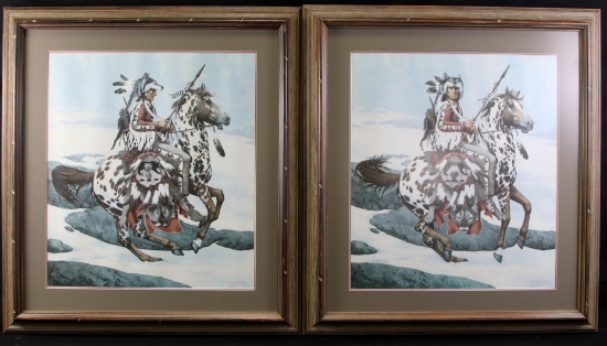 PAIR OF BEV DOOLITTLE NATIVE AMERICANS ON HORSES