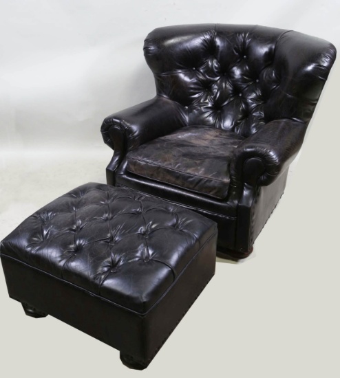 RESTORATION HARDWARE LEATHER CHAIR & OTTOMAN
