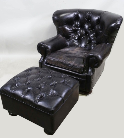 RESTORATION HARDWARE LEATHER CHAIR & OTTOMAN