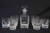 MIXED LOT OF SIX QUEEN LACE AFRICAN ANIMAL GLASSES & DECANTER