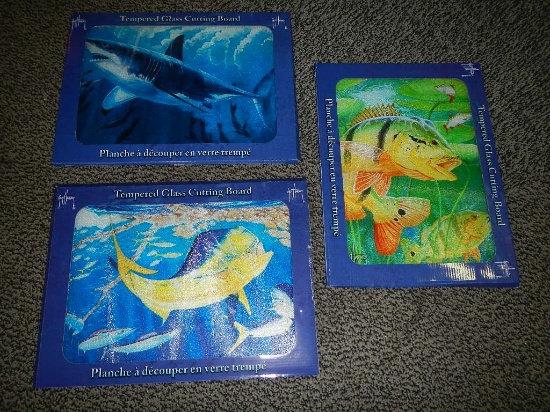 LOT OF 3 GUY HARVEY TEMPERED GLASS CUTTING BOARDS