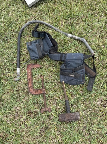 MISC LOT CLAMP, SLEDGE HAMMER, TOOL BELT, ETC