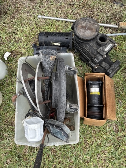 MISC LOT POOL PUMPS, A/C COMPRESS,BARREL DOLLY ETC