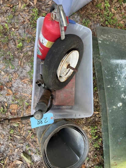 MISC LOT WHEEL, GREASE GUN, ROLL METAL, ETC