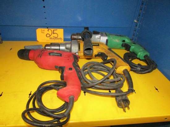 (3) Electric Drills (1) DeWalt Model DW235G 1/2" Drive VSR Drill, (1) Hitac