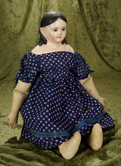 25" German paper mache glass-eyed doll with ringlet curls, original dress, provenance.  $600/800