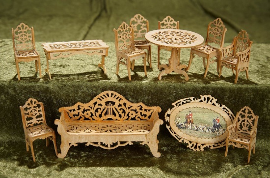 Set of miniature scrimwork furniture with provenance. $300/500
