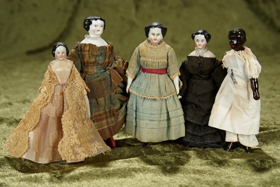 Five 5" German porcelain dollhouse dolls. $300/500