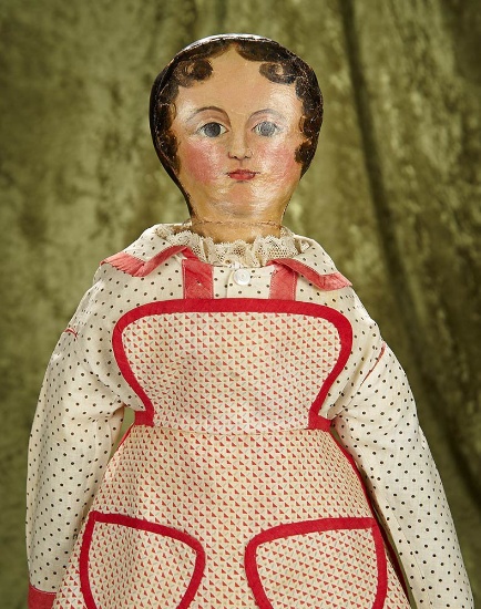 29" American cloth folk doll with oil-painted hair and facial features, antique costume. $600/900