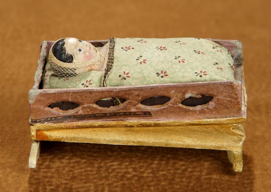 Delightful Early German Paper Mache Baby in Cradle as Squeak Toy  600/900