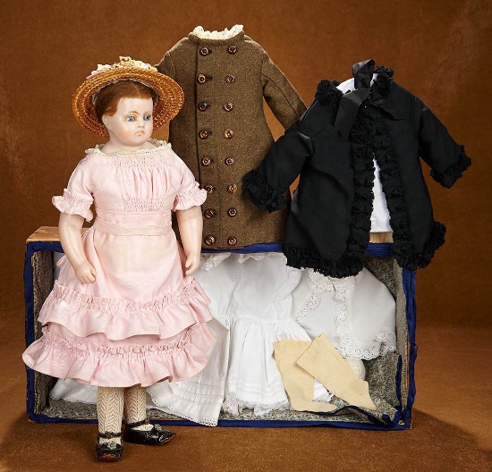 English Poured Wax Child Doll "Eliza", Original Wooden Box, Costumes 2500/3500