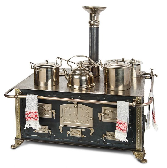 Grand German Tinplate and Nickel Toy Stove Attributed to Bing 1200/1500