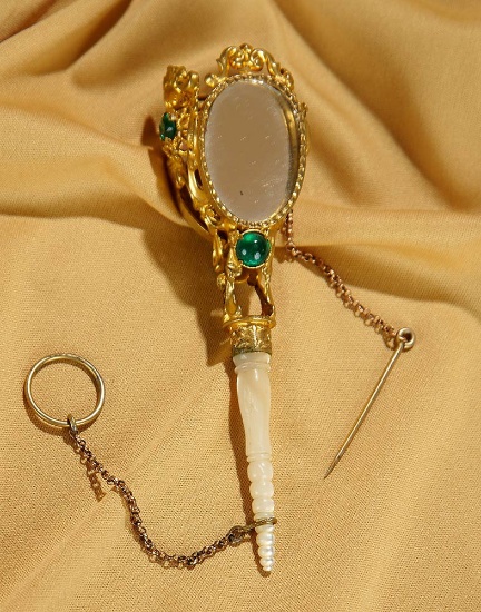 Very fine 5" Victorian ormolu tussy-mussy with mother-of-pearl handle and oval mirrors. $400/600