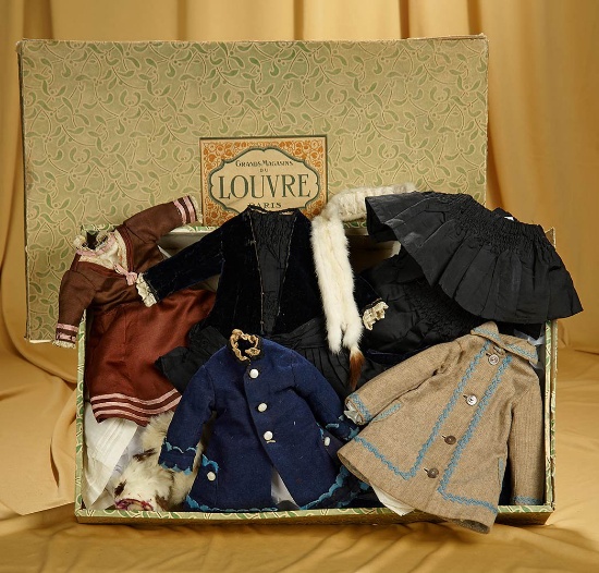 Antique costumes for 14"-16" bebes in French Au Louvre department store box. $600/800