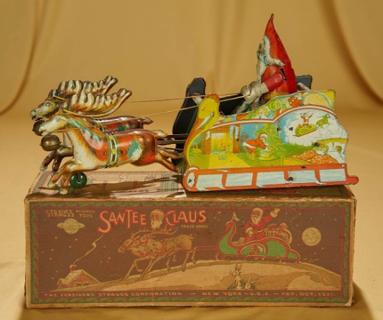 12" American tin lithograph Santee Claus key-wind toy by Ferdinand Strauss. $400/700