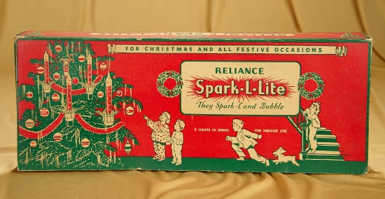 Set of nine Reliance Spark-L-Lites Christmas Bubble Lights in original box. $200/400
