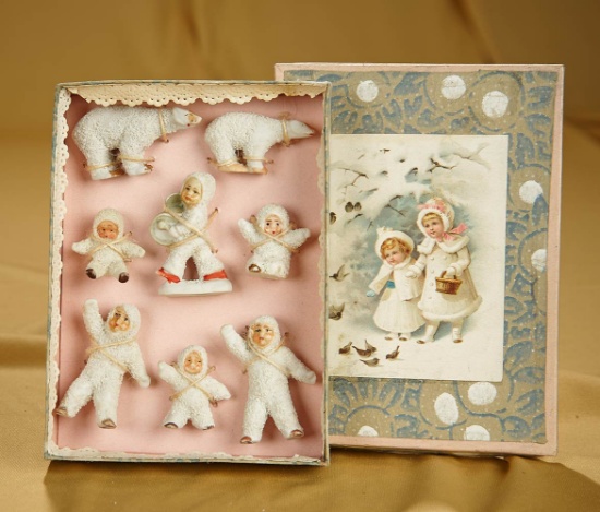 6" Set of German bisque Snowbabies in original presentation box. $400/600