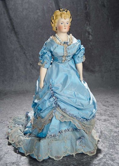 22" German bisque portrait lady fancily-decorated blonde sculpted hair, Dresden bodice. $900/1300