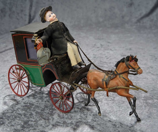 16" Amusing and Rare French Coach and Driver Mechanical Toy as Candy Container. $1200/1500