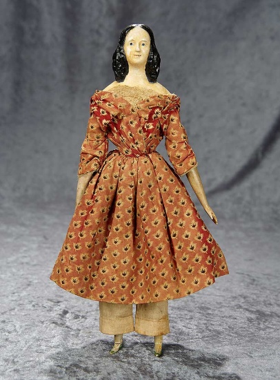13" German paper mache lady known as "milliner's model" with long ringlet curls. $400/600