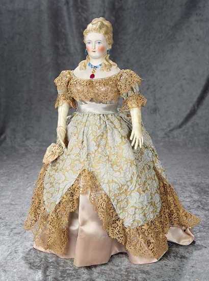 19" Rare German bisque lady with elaborately-sculpted brown hair and sculpted jewelry. $600/900