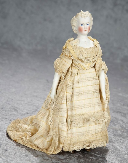 10" German bisque lady doll with sculpted hair on mechanical walking body, costume. $900/1200