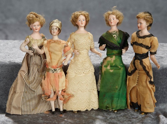 Five 7" German bisque dollhouse ladies with jointed bisque arms and wigs. $500/900