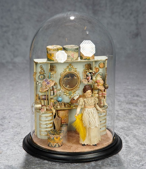 13"h. dome. Miniature Arrangement "The Millinery Shop" by Elaine Cannon. $800/1000