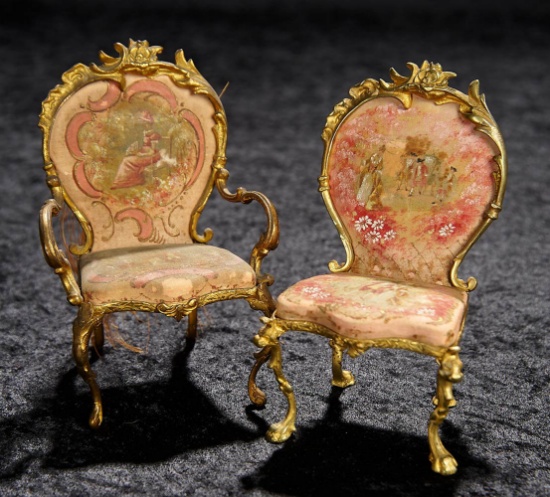 A Pair of French Miniature Cast Metal Salon Chairs with Silk Painted Seats 300/500