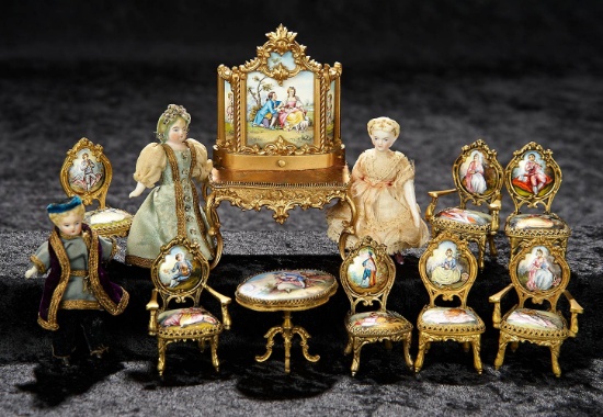 Collection of Miniature Vienna Bronze Furnishings and Bisque Dolls 1500/3200